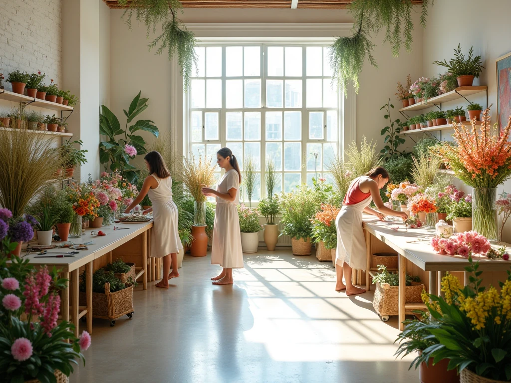 Drexalonaiazis floral design studio workspace with fresh flowers